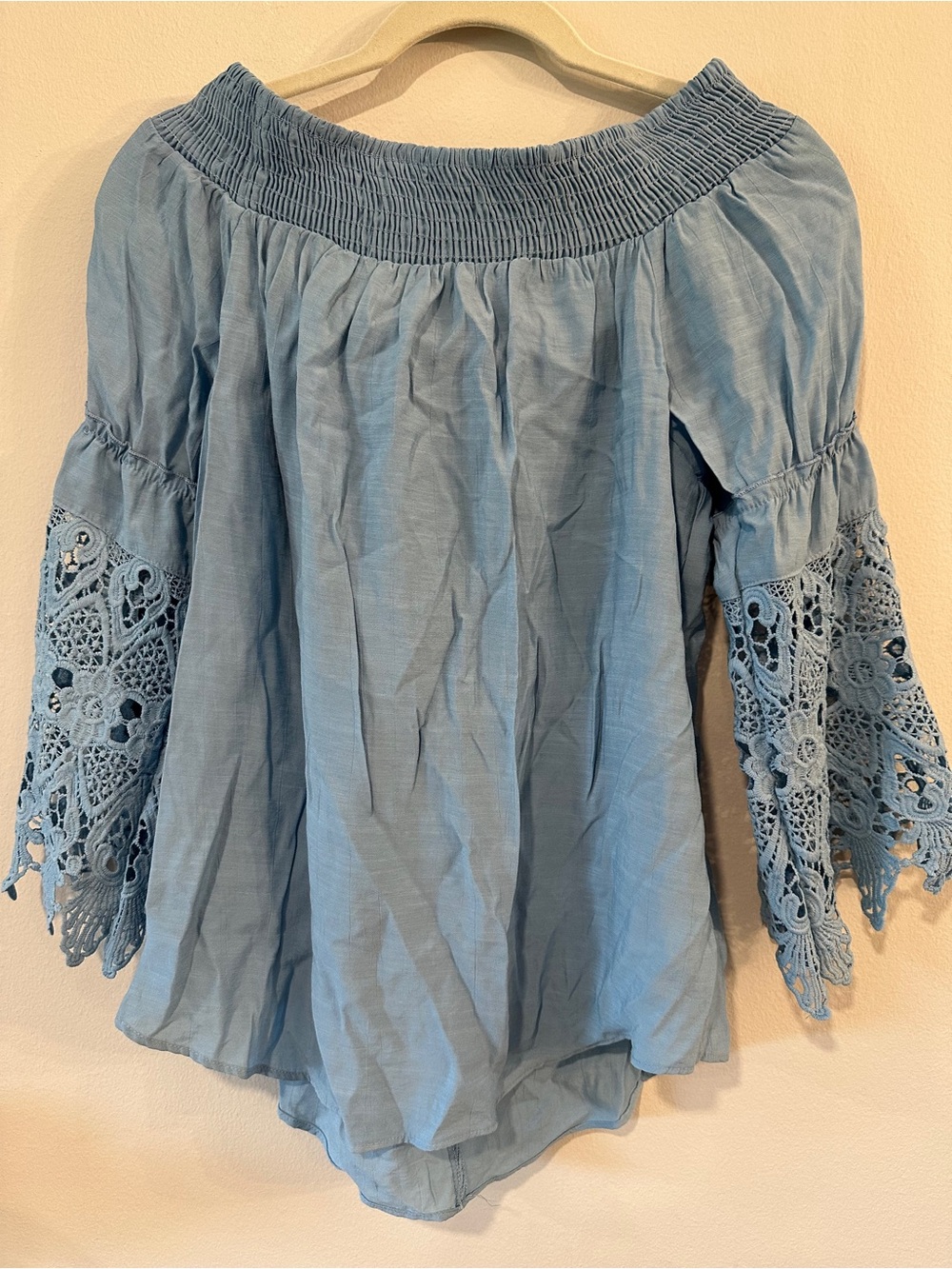 AVON Light Blue Off-Shoulder Lace Sleeve Top | M | 8-10
